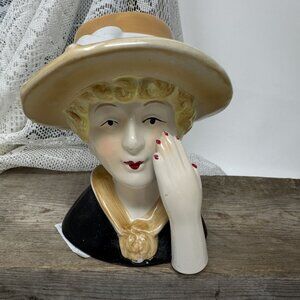 Vintage Ceramic Lady Head  With Yellow Hat 1950's